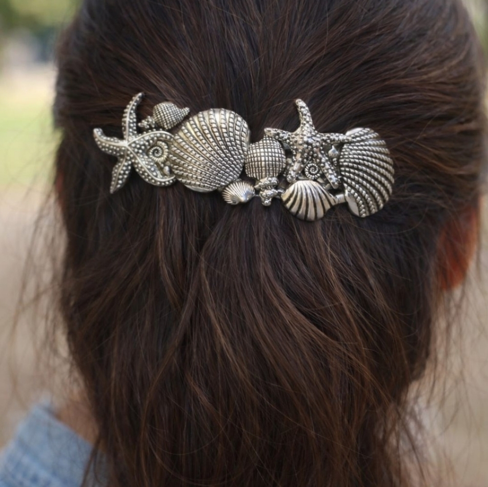 Antique Silver Shell & Starfish Hair Barrette | Ocean Inspired